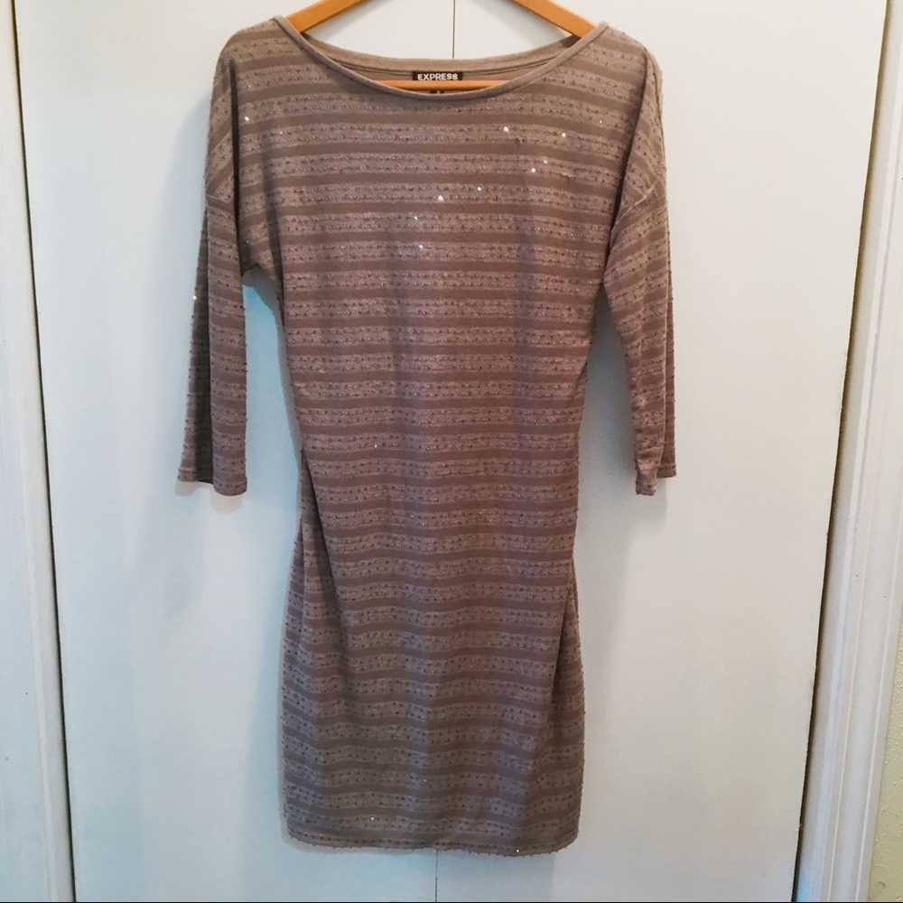 Express Striped Sequin Dress Brown 3/4 Sleeve